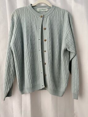 Cashmere Cable Knit Cardigan & Short Sleeve Sweater Set- Light Mint FLAWED